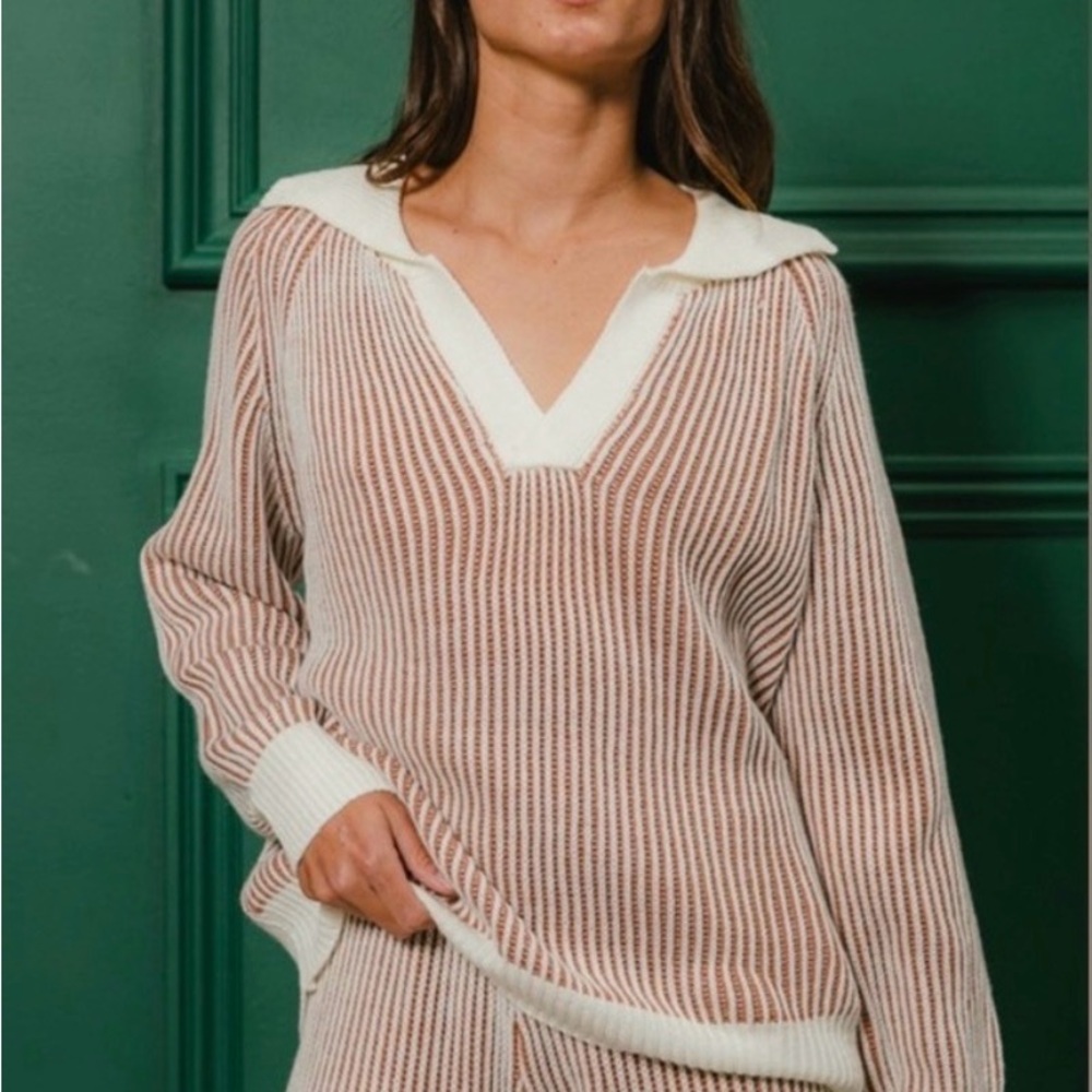 BiBi Cream and Brown Ribbed Knit Top